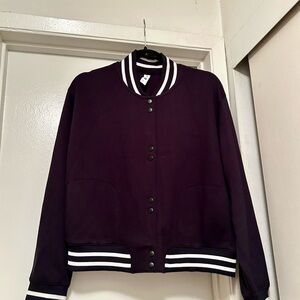 all in motion Purple Varsity Bomber Jacket with White Stripes